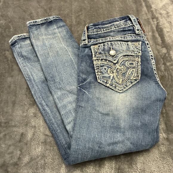 Rock Revival Jeans Women’s 25 Blue Destroyed SUNDEE "R" Flap Ankle Skinny - Picture 6 of 12
